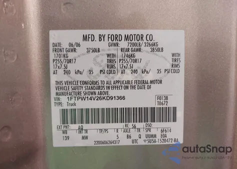 2006 Ford F-150 z USA, uszkodzony, nr VIN 1FTPW14V26KD91366